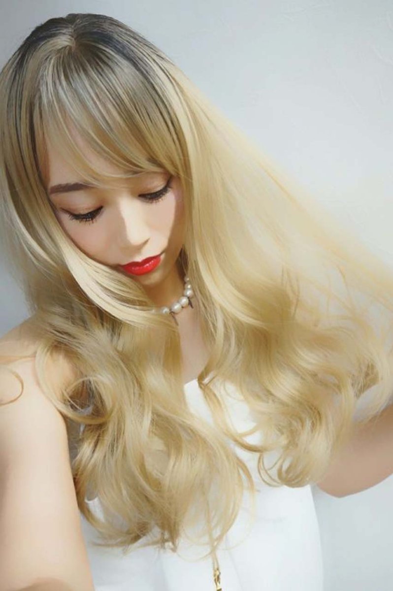 画像8: 【SALE】I型つむじ☆斜め分けランダムゆる巻きウェーブロング【根元黒mix×ミルクティゴールド】　 (8)