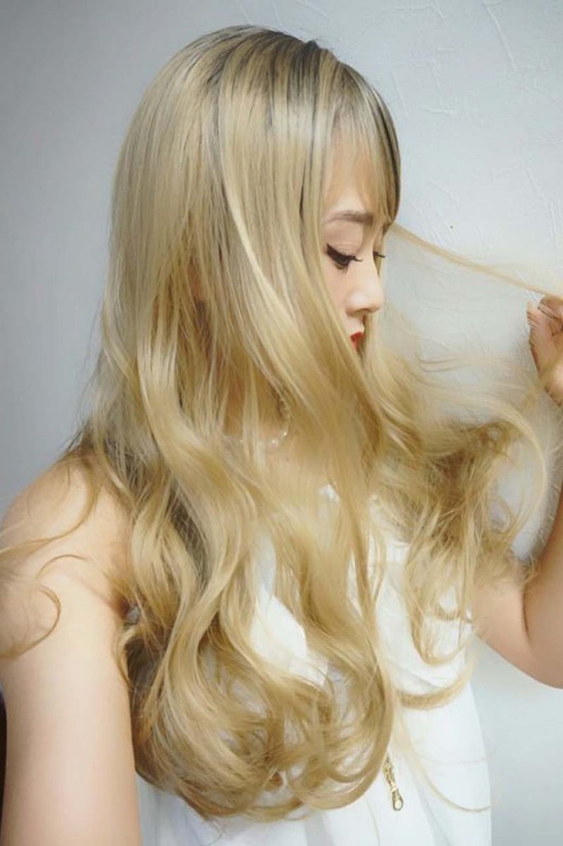 画像15: 【SALE】I型つむじ☆斜め分けランダムゆる巻きウェーブロング【根元黒mix×ミルクティゴールド】　 (15)