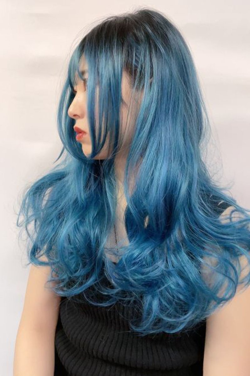 画像13: 《SALE》ふかし加工☆オルチャン風シースルーバングフェミニンカールロング【根元黒染め×ピーコック・グリーン×マゼラン・ブルー】 (13)