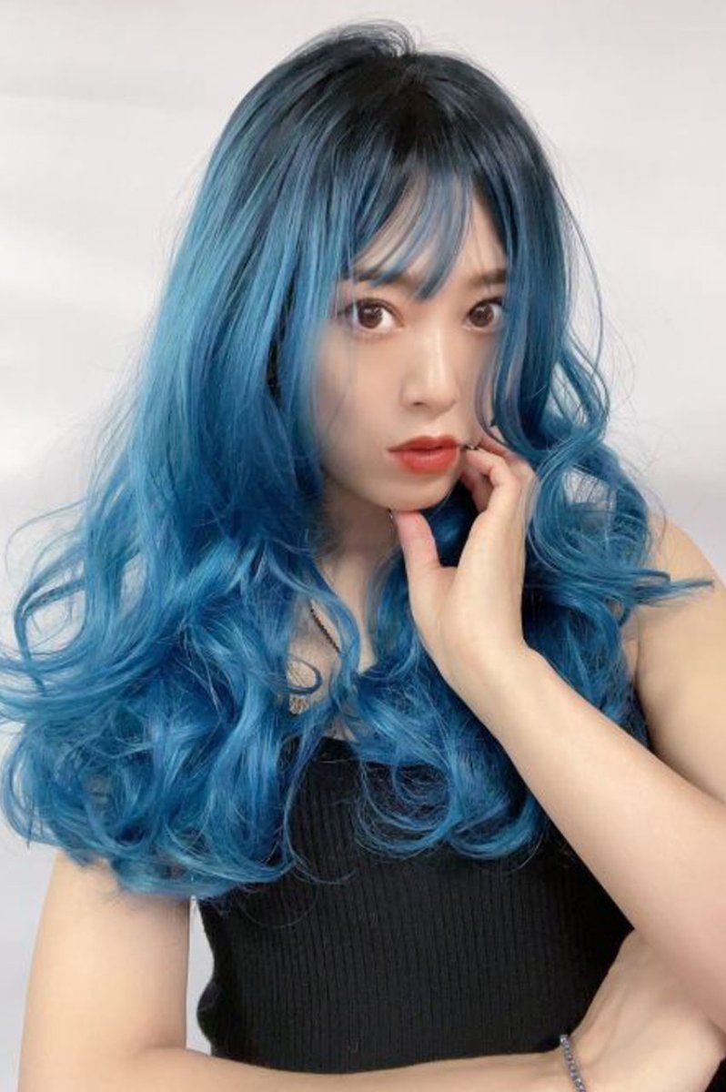 画像12: 《SALE》ふかし加工☆オルチャン風シースルーバングフェミニンカールロング【根元黒染め×ピーコック・グリーン×マゼラン・ブルー】 (12)