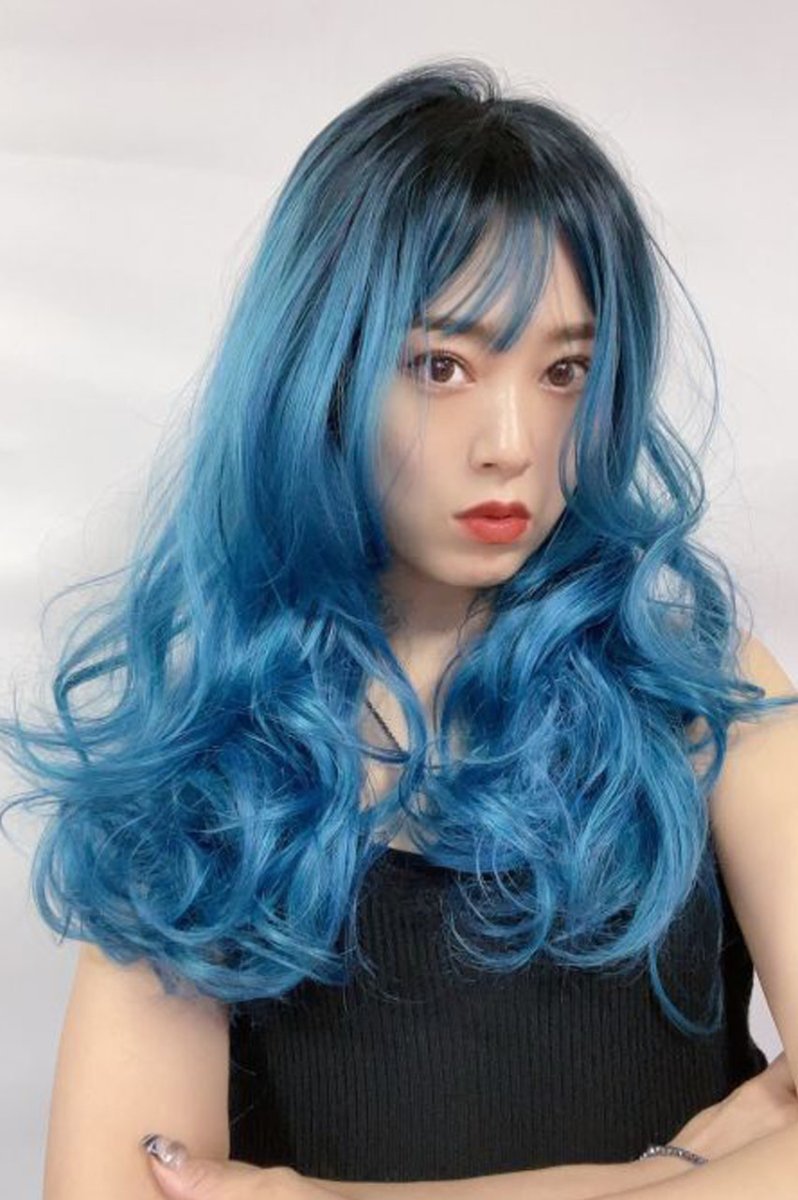 画像14: 《SALE》ふかし加工☆オルチャン風シースルーバングフェミニンカールロング【根元黒染め×ピーコック・グリーン×マゼラン・ブルー】 (14)