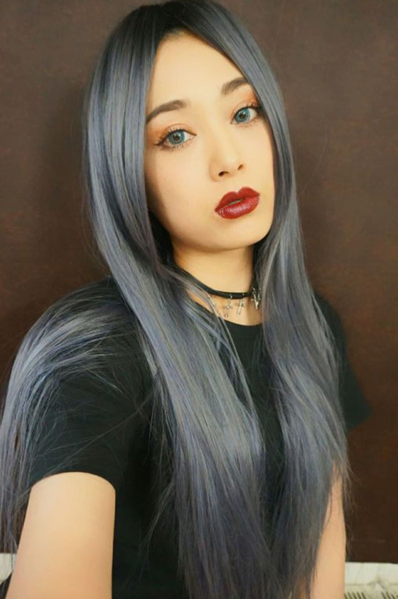 画像16: 【SALE】ストレス軽減！注目の新構造ウィッグ！センター分けソフトストレートロング【根元黒染め×アメジストパープルグレー】  (16)