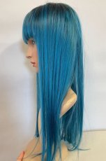 画像15: 【SALE】幅広つむじ☆ぱっつん前髪ブラントカットストレートロング【根元ブラックmix×ピーコック・グリーン×マゼラン・ブルー】　　 (15)