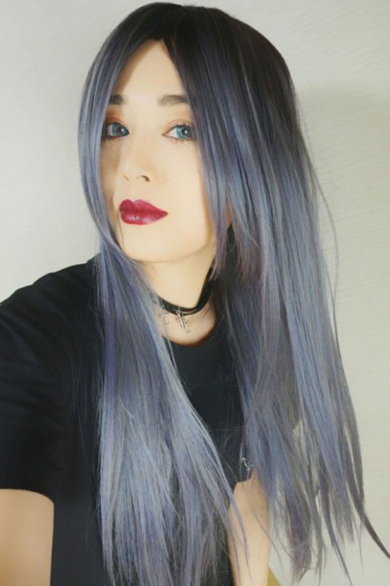 画像17: 【SALE】ストレス軽減！注目の新構造ウィッグ！センター分けソフトストレートロング【根元黒染め×アメジストパープルグレー】  (17)