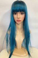 画像16: 【SALE】幅広つむじ☆ぱっつん前髪ブラントカットストレートロング【根元ブラックmix×ピーコック・グリーン×マゼラン・ブルー】　　 (16)