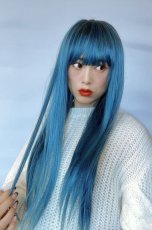 画像6: 【SALE】幅広つむじ☆ぱっつん前髪ブラントカットストレートロング【根元ブラックmix×ピーコック・グリーン×マゼラン・ブルー】　　 (6)