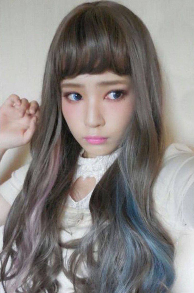 画像9: 【SALE】眉上バング☆姫カット☆ロリータゆるウェーブロング【スモーキーグレージュ×インナーカラーブルー＆ピンク】 (9)