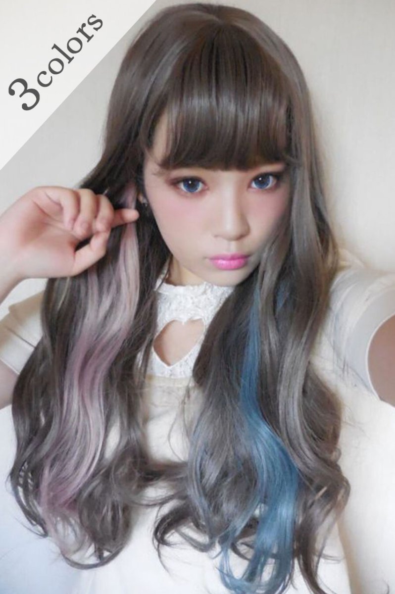 画像1: 【SALE】眉上バング☆姫カット☆ロリータゆるウェーブロング【スモーキーグレージュ×インナーカラーブルー＆ピンク】 (1)