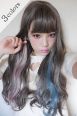 画像1: 【SALE】眉上バング☆姫カット☆ロリータゆるウェーブロング【スモーキーグレージュ×インナーカラーブルー＆ピンク】 (1)