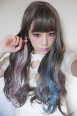画像10: 【SALE】眉上バング☆姫カット☆ロリータゆるウェーブロング【スモーキーグレージュ×インナーカラーブルー＆ピンク】 (10)