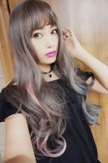 画像6: 【SALE】眉上バング☆姫カット☆ロリータゆるウェーブロング【スモーキーグレージュ×インナーカラーブルー＆ピンク】 (6)