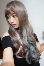 画像8: 【SALE】眉上バング☆姫カット☆ロリータゆるウェーブロング【スモーキーグレージュ×インナーカラーブルー＆ピンク】 (8)