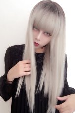画像12: 幅広つむじ☆ぱっつん前髪ブラントカットストレートロング【根元黒mix×プラチナゴールド】　　 (12)