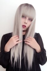 画像10: 幅広つむじ☆ぱっつん前髪ブラントカットストレートロング【根元黒mix×プラチナゴールド】　　 (10)
