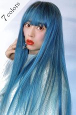 画像1: 【SALE】幅広つむじ☆ぱっつん前髪ブラントカットストレートロング【根元ブラックmix×ピーコック・グリーン×マゼラン・ブルー】　　 (1)