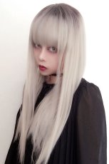 画像11: 幅広つむじ☆ぱっつん前髪ブラントカットストレートロング【根元黒mix×プラチナゴールド】　　 (11)