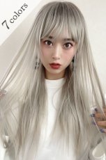画像1: 幅広つむじ☆ぱっつん前髪ブラントカットストレートロング【根元黒mix×プラチナゴールド】　　 (1)