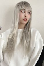 画像5: 幅広つむじ☆ぱっつん前髪ブラントカットストレートロング【根元黒mix×プラチナゴールド】　　 (5)