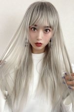 画像3: 幅広つむじ☆ぱっつん前髪ブラントカットストレートロング【根元黒mix×プラチナゴールド】　　 (3)