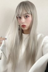 画像8: 幅広つむじ☆ぱっつん前髪ブラントカットストレートロング【根元黒mix×プラチナゴールド】　　 (8)
