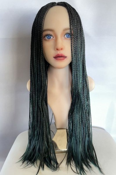 画像1: ☆センター分け☆ブレイズ編みスーパーストレートウィッグ【ブラックmixビリジァングリーン×ブルーベース】