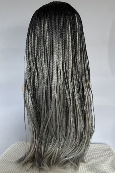 画像3: ☆センター分け☆ブレイズ編みスーパーストレートウィッグ【ブラック×スチールグレイ】