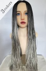 画像1: ☆センター分け☆ブレイズ編みスーパーストレートウィッグ【ブラック×スチールグレイ】 (1)