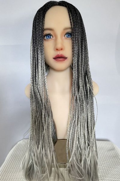 画像1: ☆センター分け☆ブレイズ編みスーパーストレートウィッグ【ブラック×スチールグレイ】
