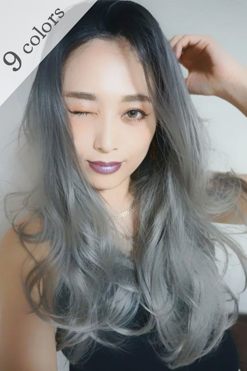 画像1: front lace wig☆ジェンダーレスウェーブロング【根元黒染め×マットグレー】 (1)