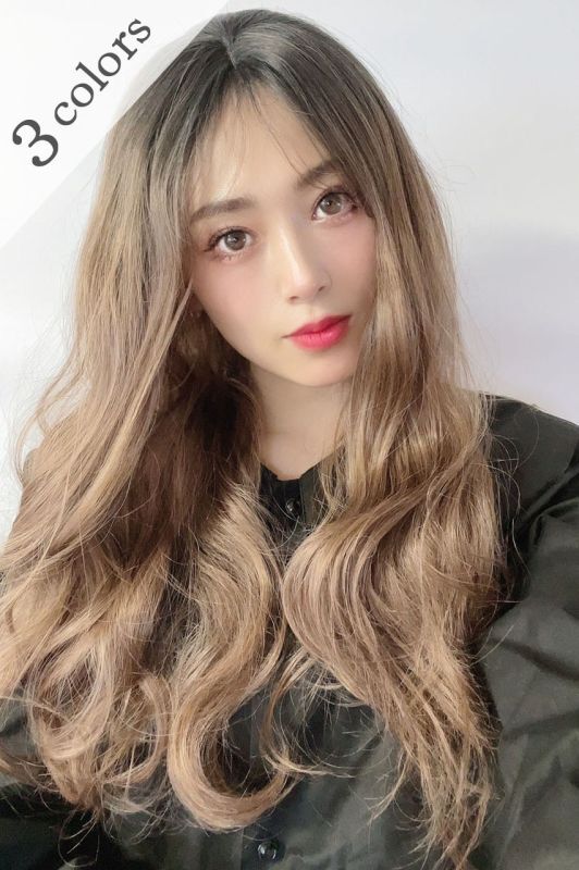 画像1: front lace wig☆シースルーエアリーバングウォームウェーブロング【根元黒染め×ショコラベージュ】 (1)